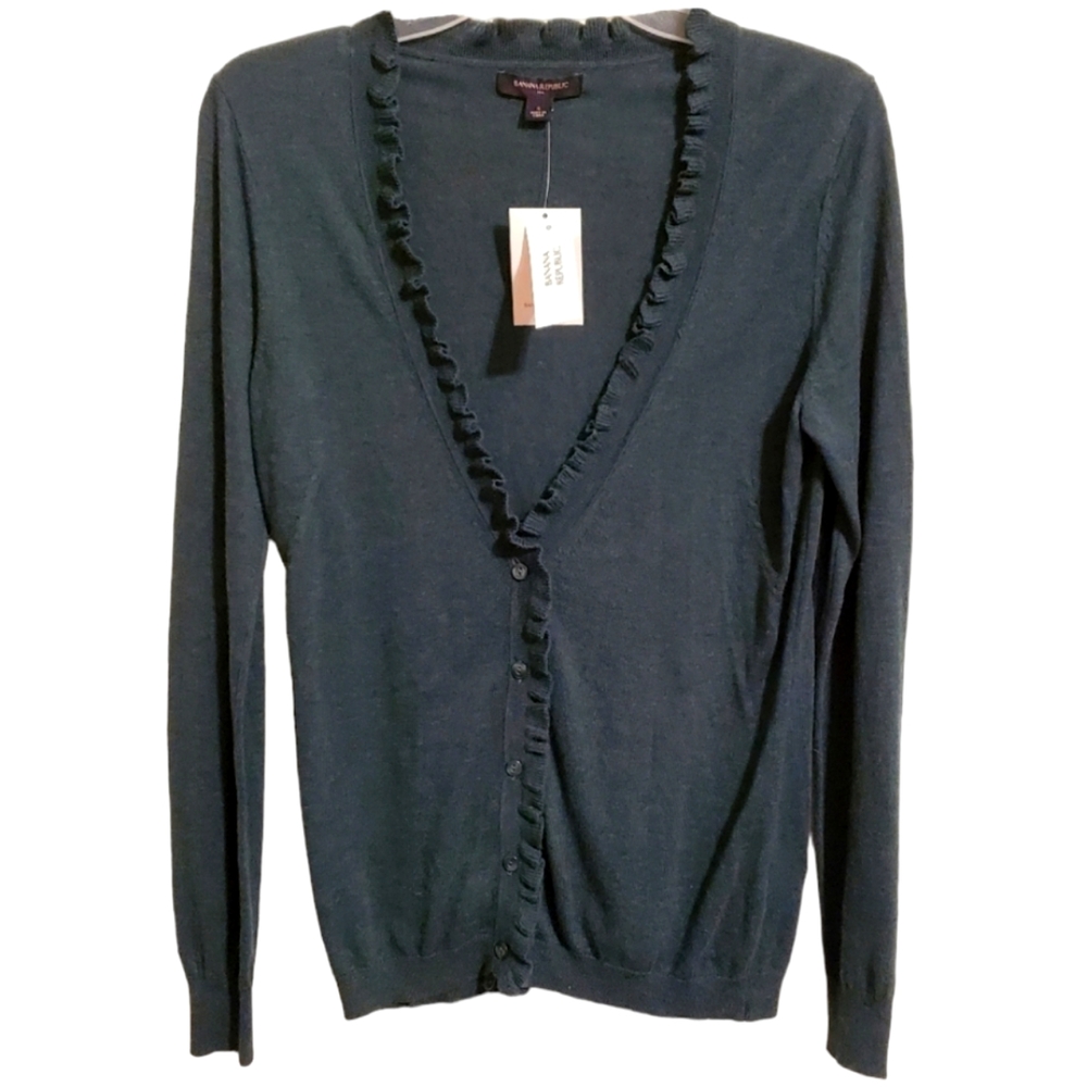 Banana Republic S Green Ruffle Neckline Cardigan NWT